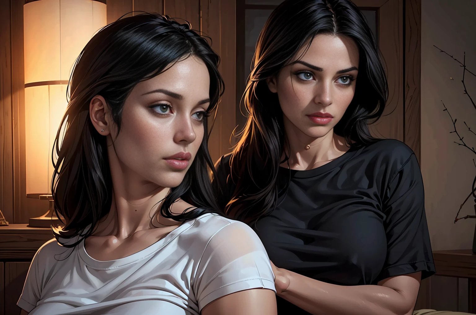 (best quality:1.2,realistic:1.37),(1 girl,40 years old),(detailed eyes),(detailed lips),(black hair),(short),(t-shirt),(cozy ambience),(soft lighting),(tranquil ambiance)