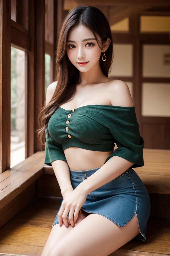 table top, highest quality, shape, Super detailed, finely, High resolution, 8k wallpaper, perfect dynamic composition shape, pretty face、beautiful and detailed eyes, medium hair, beautiful breasts, natural color lip, random jaguar pose,smile,20 year old girl、beautiful and detailed face、perfect and beautiful face,Big eyes、beautiful detailed face、blur the background、vintage clothing、mini skirt、sit、Dunhuang Architecture、midnight、Off-shoulder、Crop topping、Showing thighs, humiliating