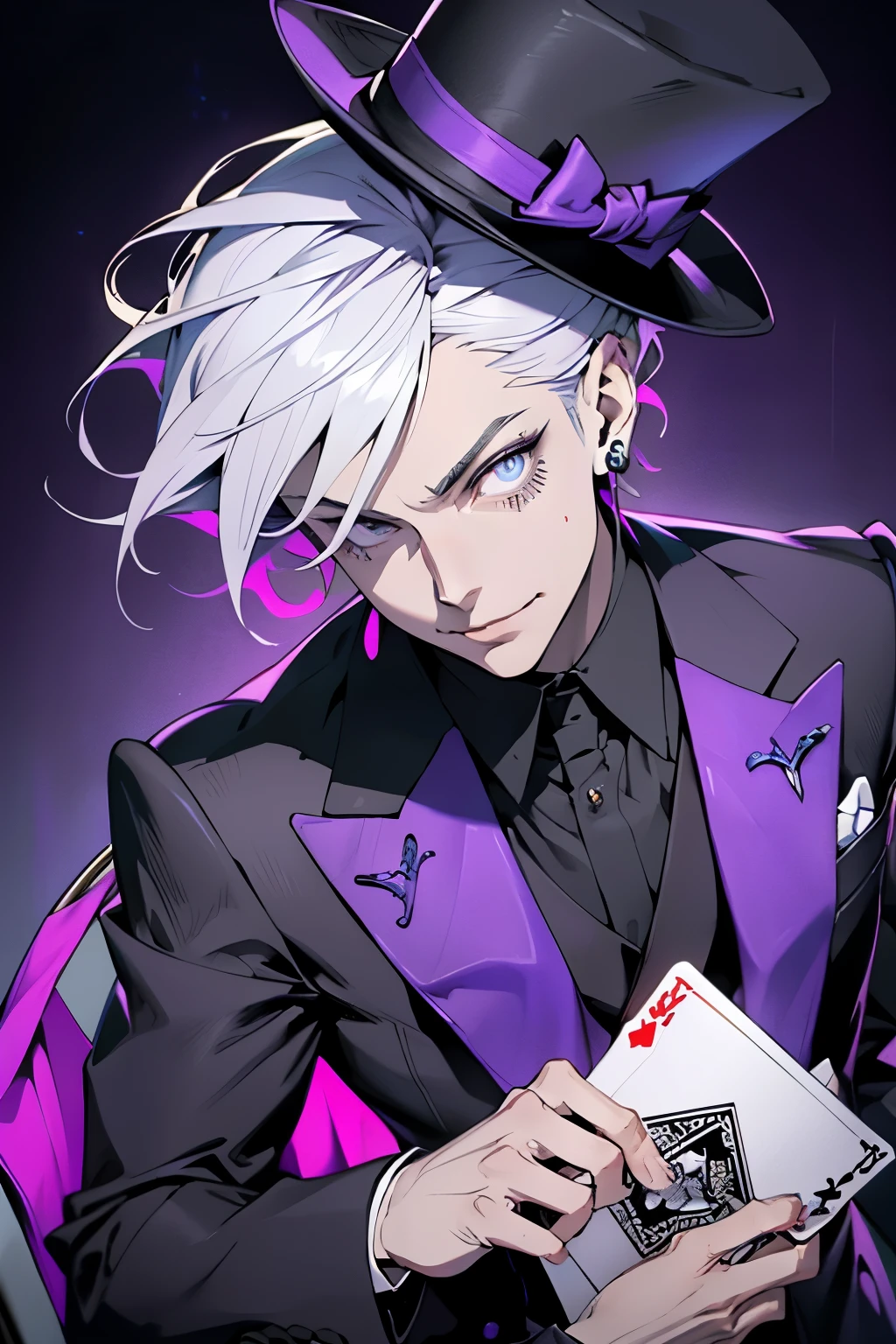 A thin man, dressed in a suit with elegant purple palettes, held a joker hat in one hand and a deck of cards in the other. His face was playful and mischievous, adorned with a joker's hat that added an element of surprise. The cards in his hand gleamed under the dimly lit room, casting intriguing shadows on his gaunt face. His suit, meticulously tailored, hugged his lean body, revealing every detail of his thin frame. With a flick of his wrist, he sent a card flying through the air, the vivid colors and patterns of the card contrasting sharply against the monochromatic backdrop of his suit. The room was dim