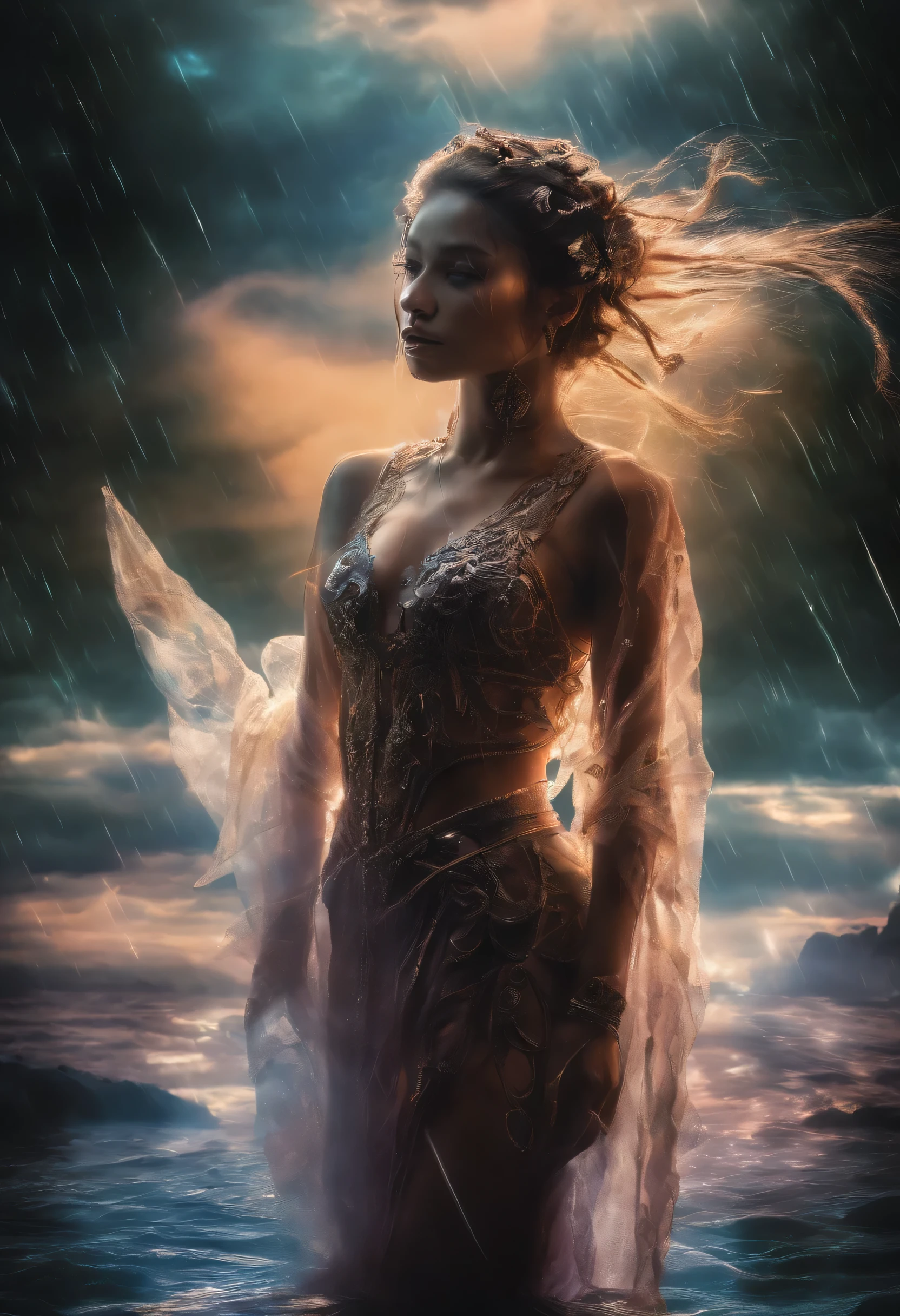 a high definition award winning photograph of a young sexy woman, small breasts, dark, wet glossy body, two braids, transparent clothing, Beautiful detailed face, wide eyes, erotic pose, realistic, Renaissance style , Angelic, sharp-focus, full length, iridescent,  Whole body, stands beside the lake, raining, Dark clouds, moon light, Cinematic Lightning, Horror, a gloomy, Fantasy, medium plan, surrealism , Sci-fi, rgb, rave, led