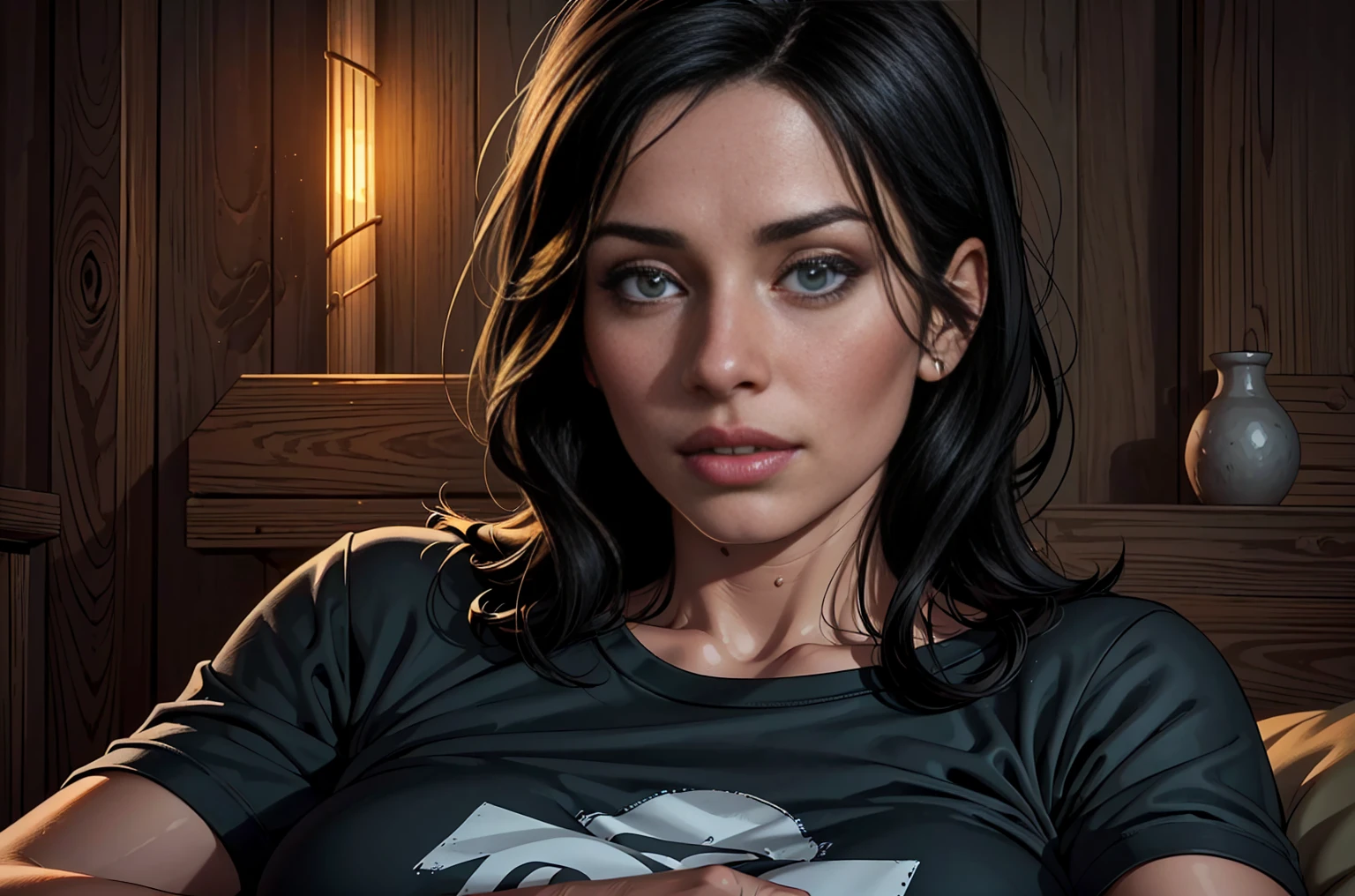 (best quality:1.2,realistic:1.37),(1 girl,40 years old),(detailed eyes),(detailed lips),(black hair),(short),(t-shirt),(cozy ambience),(soft lighting),(tranquil ambiance)