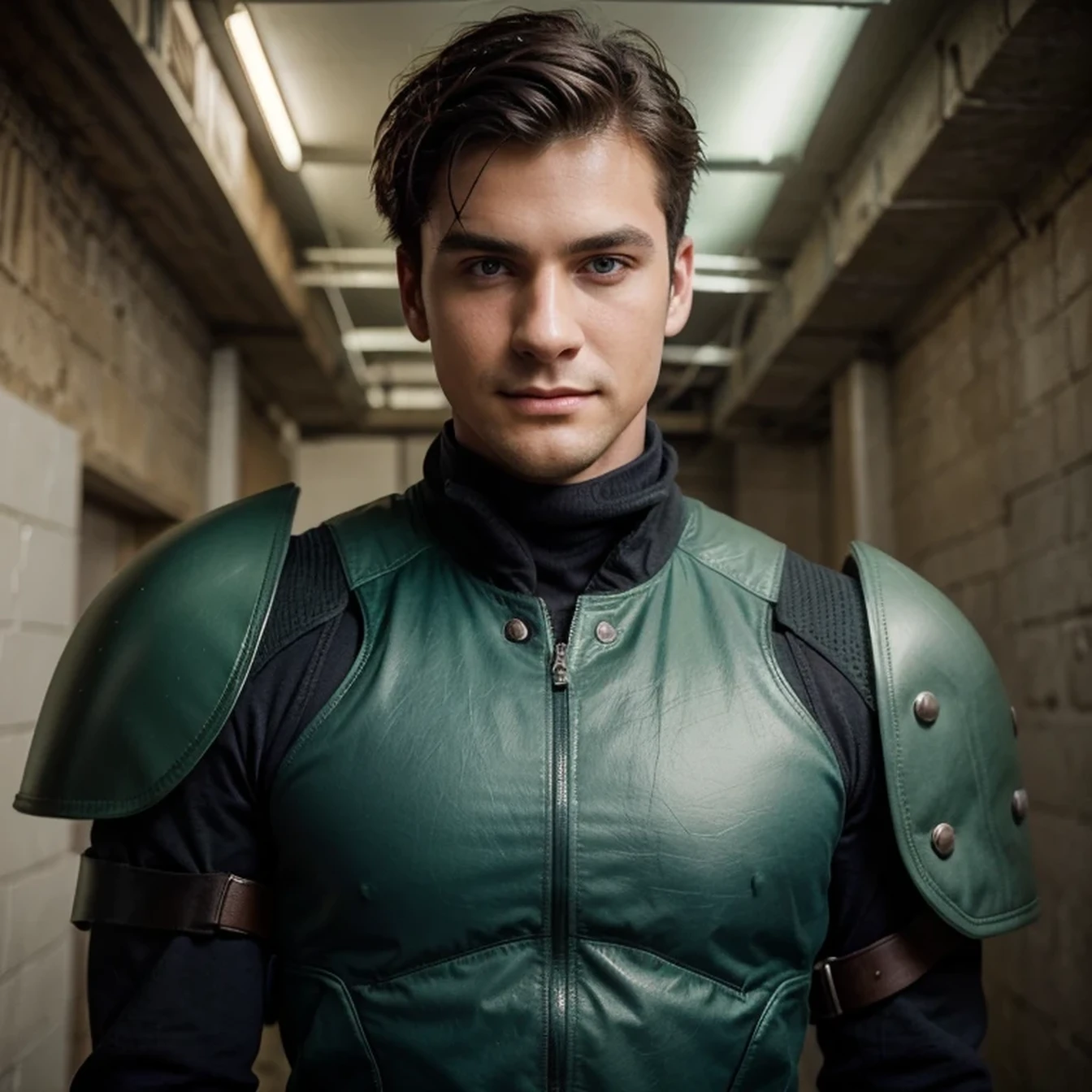 masterpiece, young 25 year old guy, cute with dark hair, Very short haircut. Epicly dressed. Green unrolled jacket with dark gray shoulder pads. Shoulders black. Fighting style. Dark gray armor on shoulders. Cool jacket, durable. Blue eyes. charisma, perfect face. Clean shaved face. Hollywood looks. Smooth, thin nose. Handsome hero. raised hair. smiling