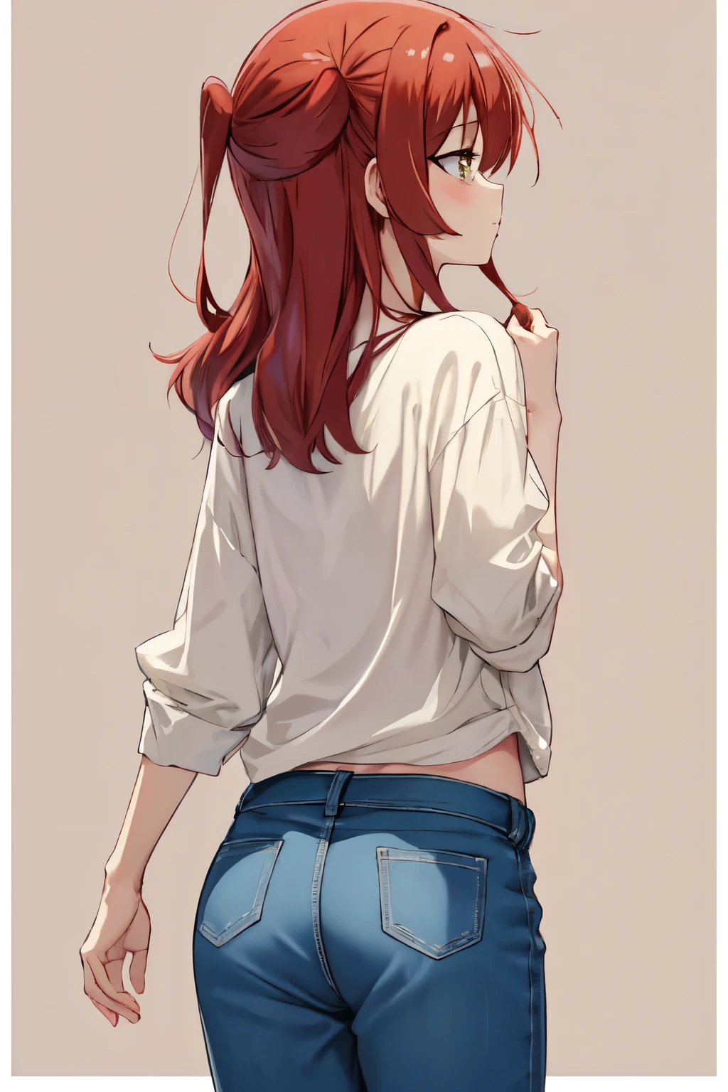 Kita ikuyo using a casual clothes, back view angle