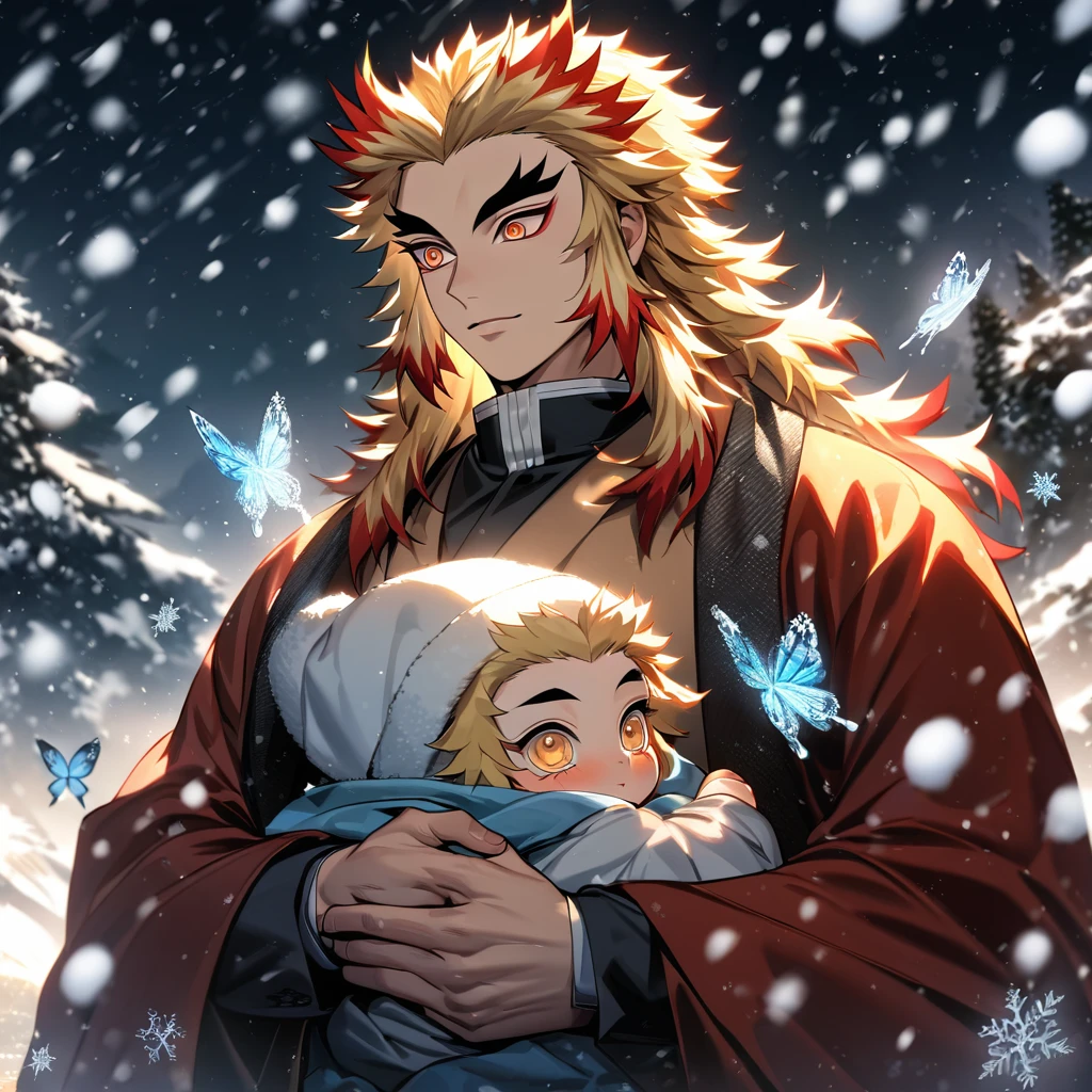 Ultra detailed, highres, absurdres, HDR, Rengoku Kyojuro, blond hair, golden eyes, Kimetsu No Yaiba, snowflakes, snowing, ice, winter, 1 man, handsome, butterflies, holding a cute baby boy