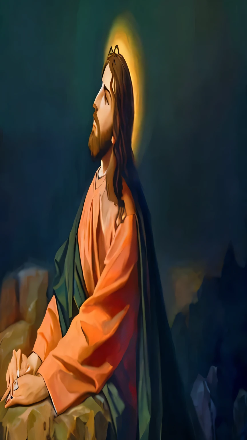 a painting of jesus sitting on a rock with his hands folded, jesus christ, portrait of jesus christ, kneeling in prayer, sat in his throne, album photo, jesus of nazareth, gigachad jesus, he is all alone, religious painting, christian art, christian saint, jesus face, jesus christ smoking a blunt, profile photo, jesus