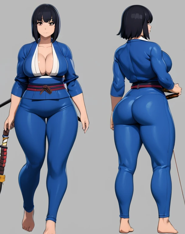 Anime woman, slightly muscular, big breasts, front and back, big ass, small waist, thick thighs, wide hips, curvy, 3d rendering, japanese archery outfit , barefoot, feet visible, black hair