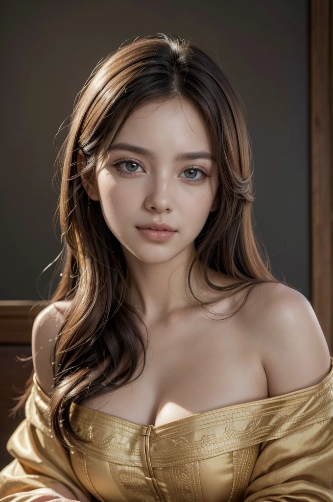 labios ligeramente abiertos, (best quality,4k,8k,highres,masterpiece:1.2),ultra-detailed,(realistic,photorealistic,photo-realistic:1.37), portrait, female, elegant woman, graceful pose, flowing dress, golden sunlight, enchanting smile, captivating eyes, delicate features, fine art, oil painting style, vibrant colors, realistic skin texture, intricate fabrics, subtle shadows, serene background, classical beauty