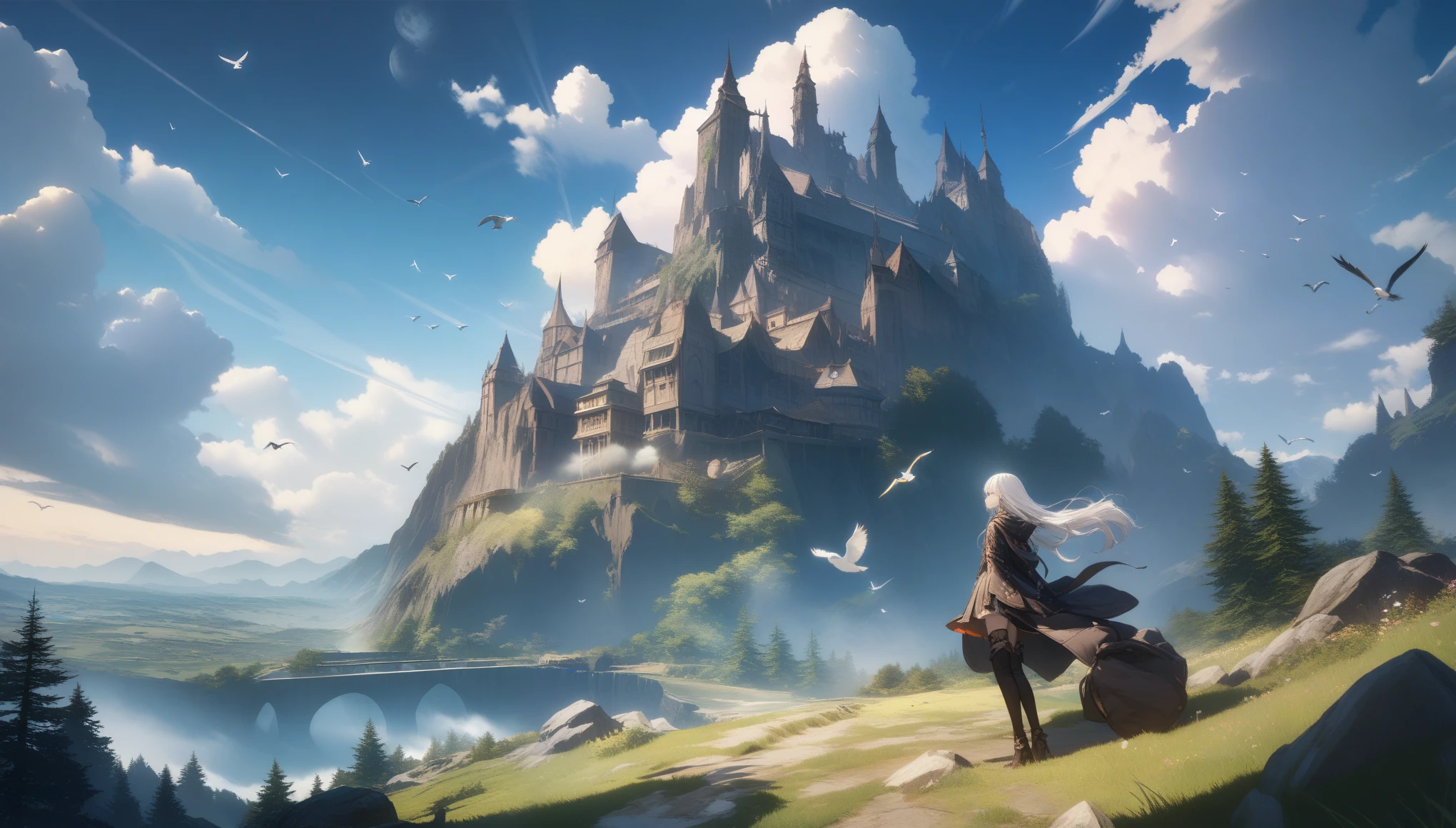 32k, best quality, ultra high res, HDR, UHD, extremely detailed CG, unity 32k wallpaper, highest quality, Very detailed, masterpiece, Super detailed, cloud, witch_Have, Have, 1 Girl, null, green_null,Day, length_hair, cloudy_null, moon,bird, alone, Silver_hair, witch, Outdoor,