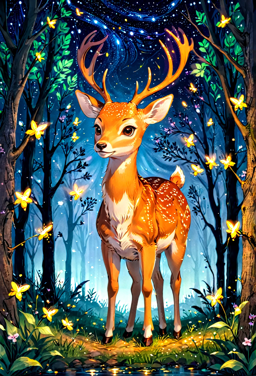 A deer at night with fireflies.