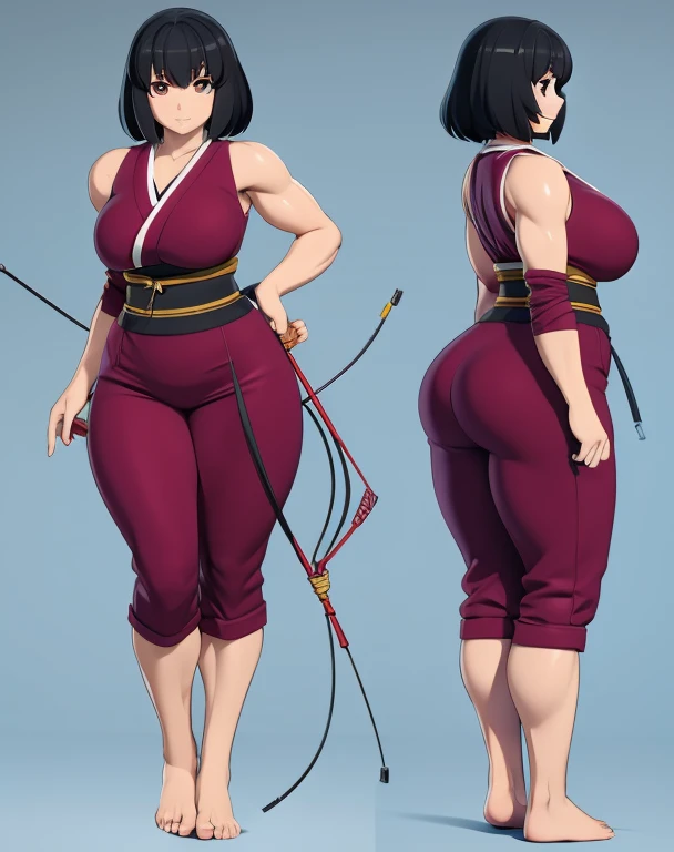 Anime woman, slightly muscular, big breasts, front and back, big ass, small waist, thick thighs, wide hips, curvy, 3d rendering, japanese archery outfit , barefoot, feet visible, black hair