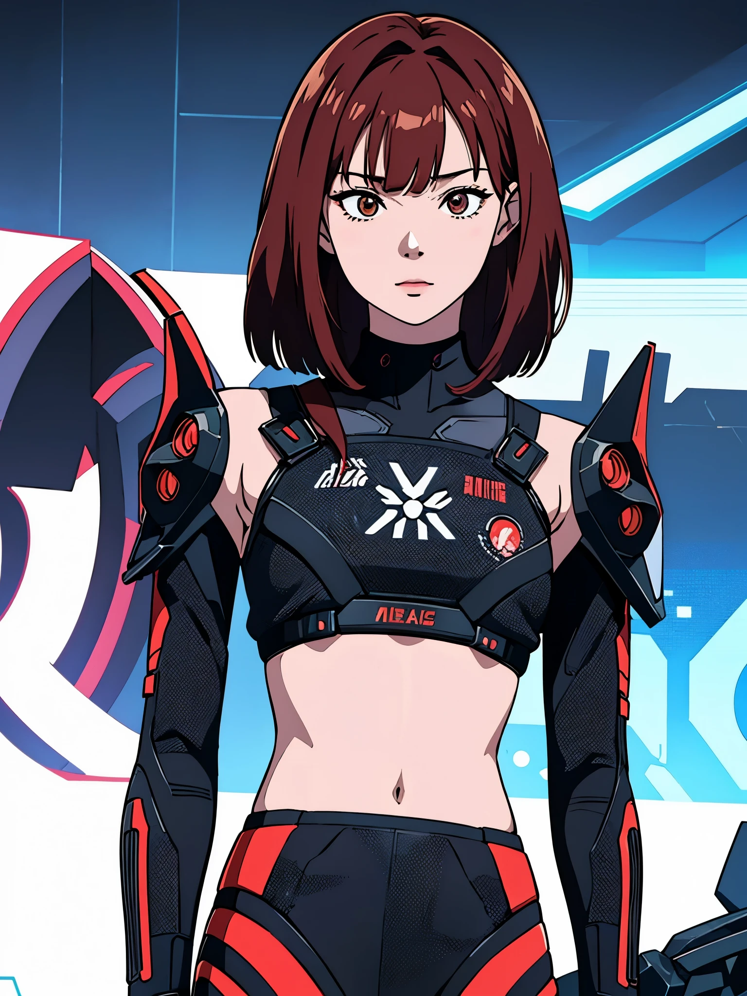 digital art drawing, illustration of (Winter from k-pop group aespa, short red hair with bangs, brown eyes, flat chest, cyborg girl, android, droid, mechanical fusion, exoskeleton, metal robotic arms, evil look, wires and cables connecting to the head, neon details, cyberpunk 2077), anime drawing/art, bold linework, illustration, digital art, masterpiece, flat illustration, no shadows, 8k resolution, high detail, vector art, only anime, perfect eyes, perfect hands, perfect fingers, sharpness, high clarity, medium shot, high fidelity
