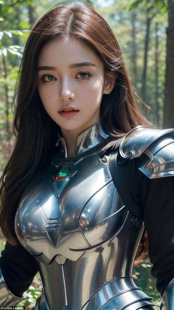 ((Realistic lighting, top quality, 8K, Masterpiece: 1.3, detailed face)), Clear Focus: 1.2, complex 3d render ultra detailed beautiful girl, a sserafimsakura, perfect eyes, beautiful face, (ultra realistic:1.5), (standing in forest:1.2), (close-up photo:1.5), (black paladin armor:1.2), (intricate:1.2), (looking at camera:1.2), (best quality:1.2),