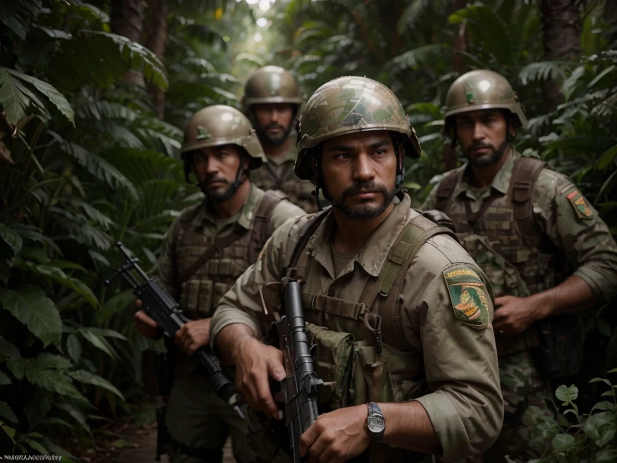 several guerrilla soldiers hidden in jungle bushes waiting, lurking, Mexican face, wearing light brown Soviet style uniform, metal helmet, Soviet assault rifle, 4k, Ultra detailed image, realistic, Highly detailed, perfect composition, splendid, Intricately detailed , Incredibly detailed, 8k fine art photography, hyper detailed, Masterpiece, Ultra detailed, Hyper realistic, 4k, Ultra detailed image, realistic, highly detailed, perfect composition, splendid, intricately detailed, incredibly detailed, 8K fine art photography, hyper detailed, masterpiece.