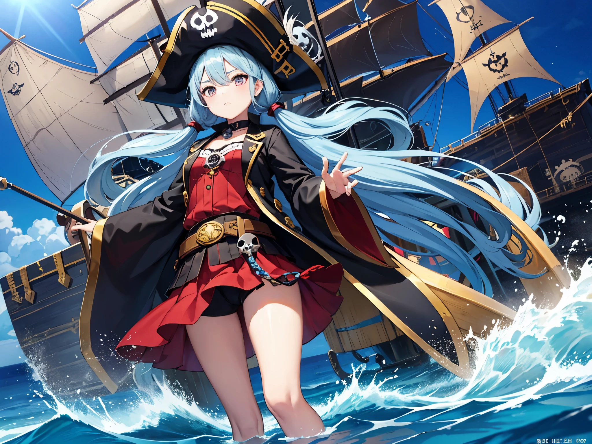 Light blue long hair、Beautiful girl with twin tails、Dark Eyes、"pirate skull", Open seaにpirate shipの背景、Yellow, red and black pirate costume、Many hat colors, Gold accessories, Skull face with many tattoos. All images must have a skull face. pirate ship、Open sea、sunny、pirate shipとの戦闘、Battle at sea、Splash Art、Dynamic mode