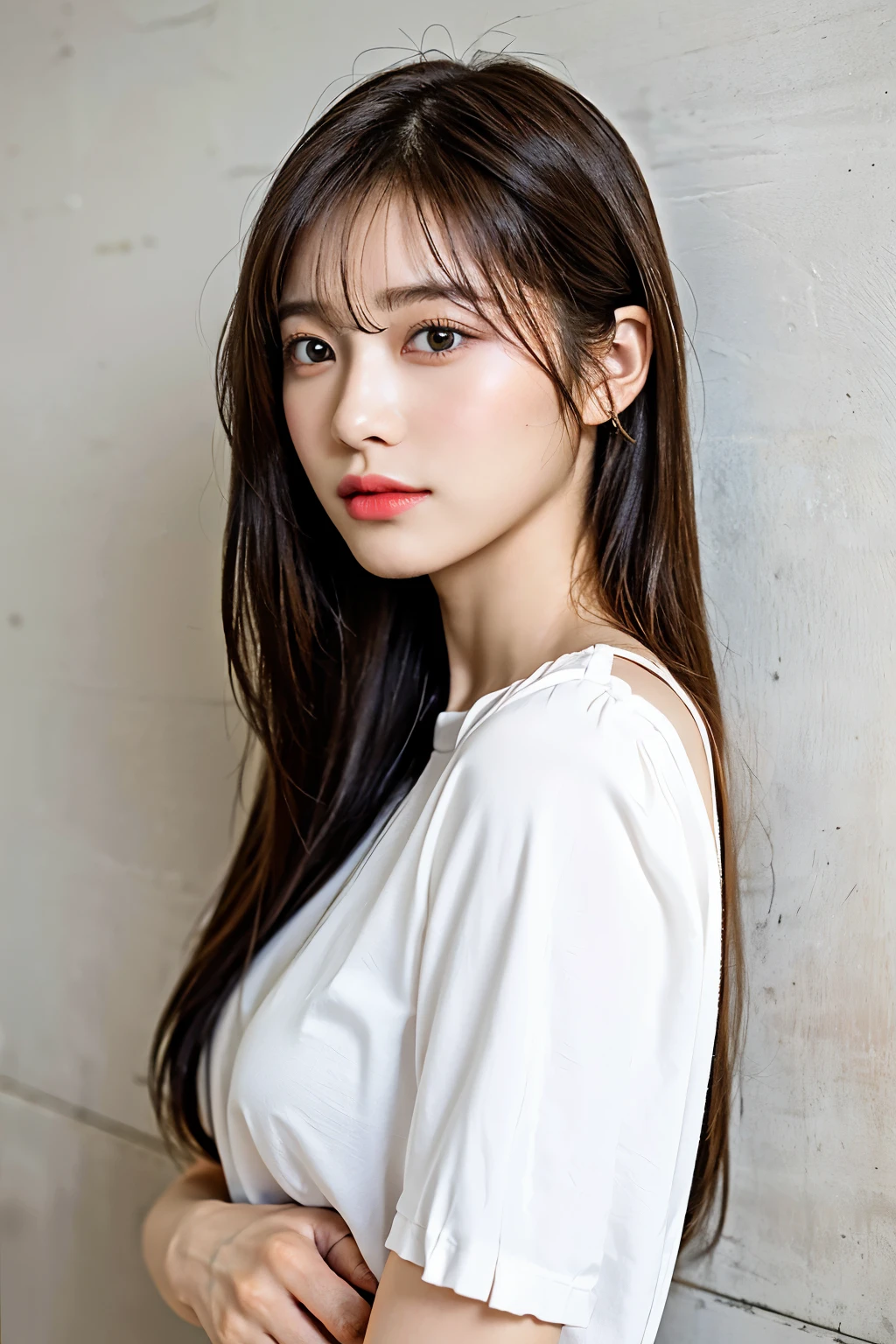 highest quality, 1 beautiful woman, 28 years old, s, 35mm lens, debt/1, Cowboy shot, Concrete Background、Tile Background、White T-shirt、light brown、Tile wall,debtrom below、straight hair、straight hair、shiny hair,silky hair