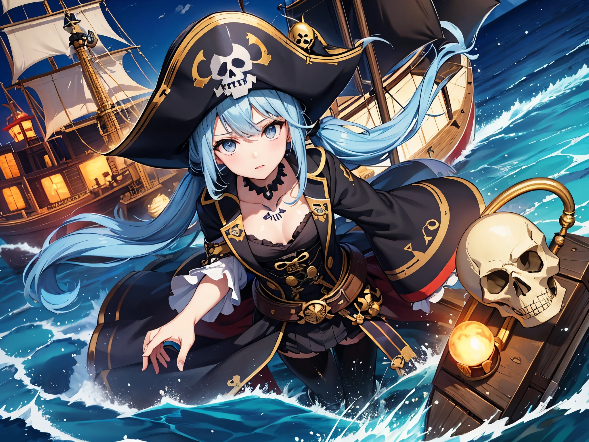 Light blue long hair、Beautiful girl with twin tails、Dark Eyes、"pirate skull", Open seaにpirate shipの背景、Yellow, red and black pirate costume、Many hat colors, Gold accessories, Skull face with many tattoos. All images must have a skull face. pirate ship、Open sea、sunny、pirate shipとの戦闘、Splash Art