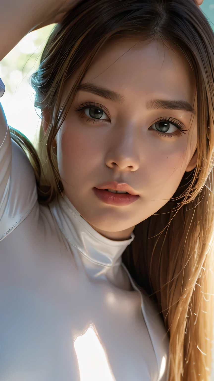 Strong light, Strong contrast, In an open-roofed cave、Sunlight shines through green moss and ferns。, And open( Sea view:1.1) The bottom, Cel-shaded rendering, 4K, 360 degrees, Equirectangular projection, what, 1girl, (Woman in her 20s)、A beautiful woman、long blonde hair、(White latex leotard)、(White long boots)、(white arm cover)、masterpiece, 最high quality, high quality, High resolution, (((Face close-up)))