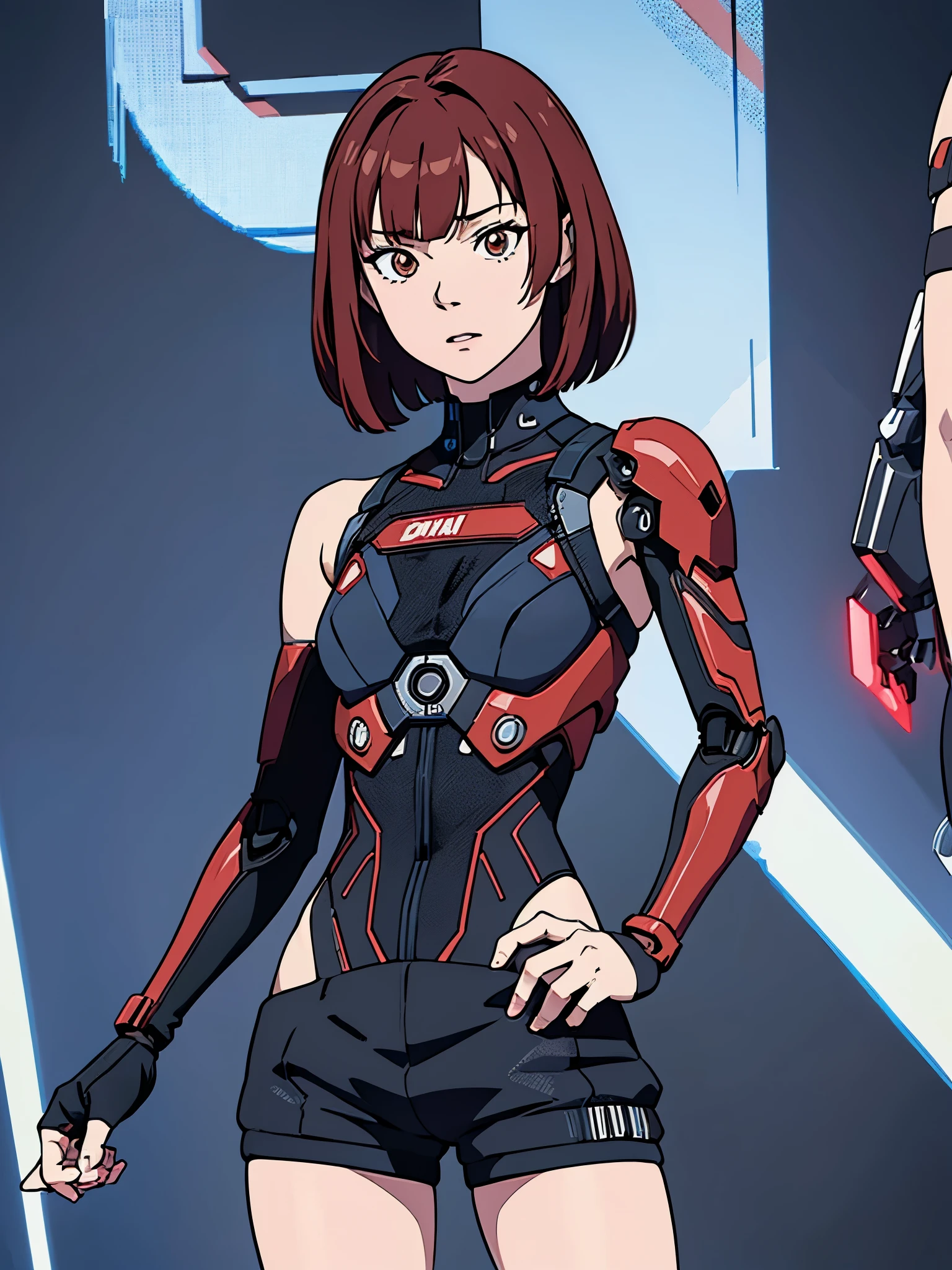 digital art drawing, illustration of (Winter from k-pop group aespa, short red hair with bangs, brown eyes, flat chest, cyborg girl, android, droid, mechanical fusion, exoskeleton, metal robotic arms, evil look, wires and cables connecting to the head, neon details, cyberpunk 2077), anime drawing/art, bold linework, illustration, digital art, masterpiece, flat illustration, no shadows, 8k resolution, high detail, vector art, only anime, perfect eyes, perfect hands, perfect fingers, sharpness, high clarity, medium shot, high fidelity
