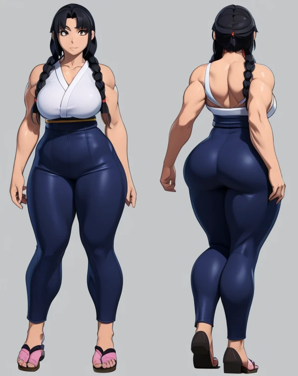 Anime woman, slightly muscular, big breasts, front and back, big ass, small waist, thick thighs, wide hips, curvy, 3d rendering, japanese archery outfit, black hair, braided hair