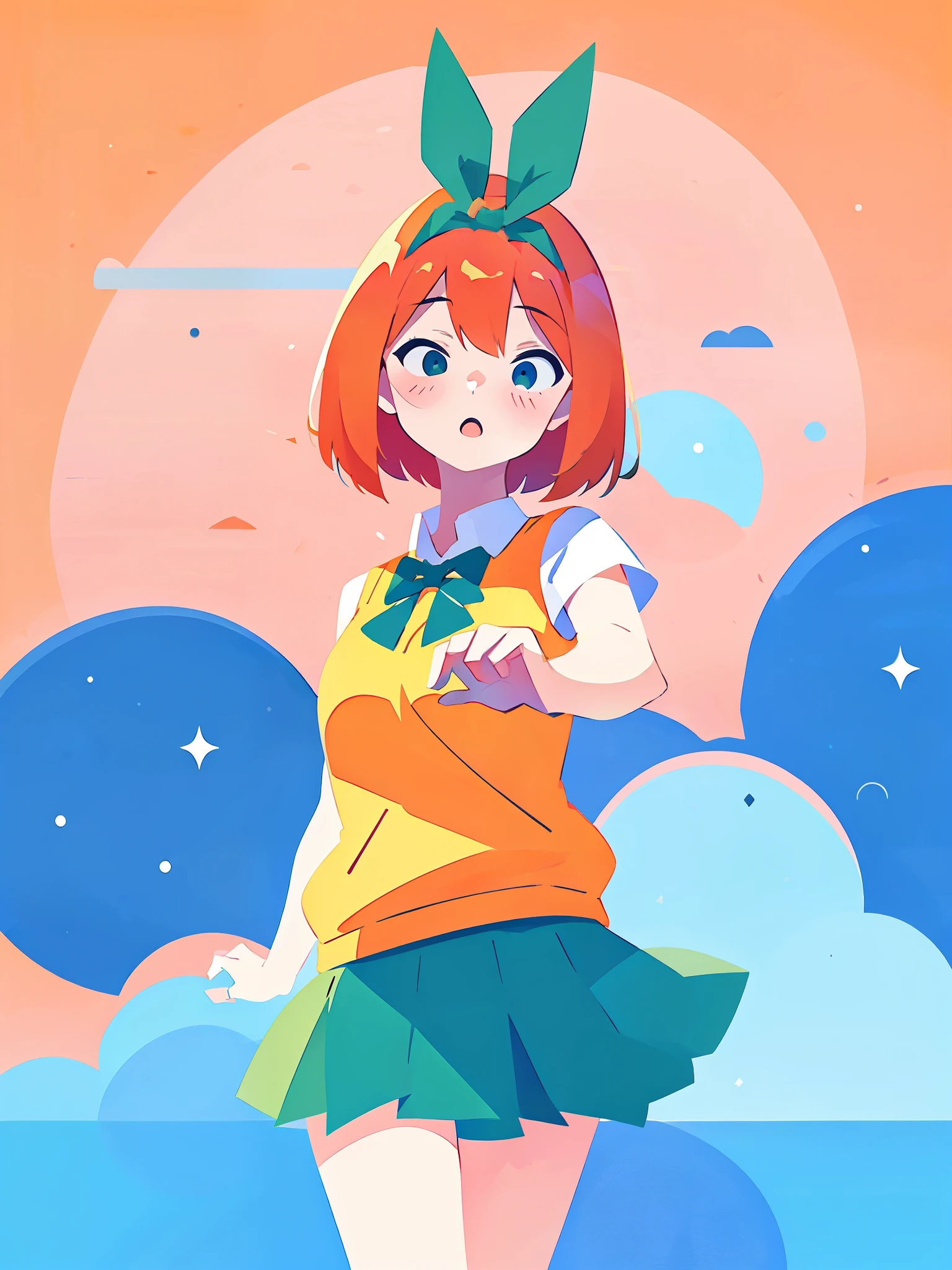 masterpiece, best quality, illustration, minimal design for a t-shirt, yotsuba nakano in a dynamic pose, orange bob hair, orange shoulder length hair, green ribbon, minimal design, flat shapes, green hair bow ribbon, green bowtie, yellow sleeveless sweater, collared white shirt, green pleated skirt, , Good shapes, perfect lines, perfect lineart, professional, good, cute, tender expression, lovely, 