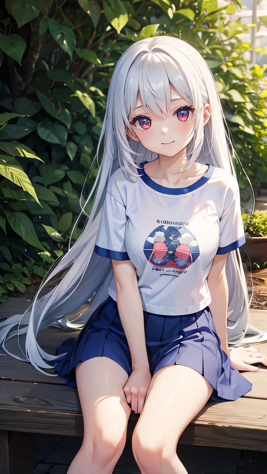 Very cute girl、(11 years old)、white hair、Long Straight Hair、Bangs are too close to the eye、Light red eyes、(Normal human ear)、Thin arms、Beautiful body、Slim legs、large, well-shaped breasts,、clear white skin、smile、(Open-chested T-shirt、mini skirt、White and blue)、I know the shape of the nipples、(rose garden)、Ultra HD、Digital SLR，Sit on、