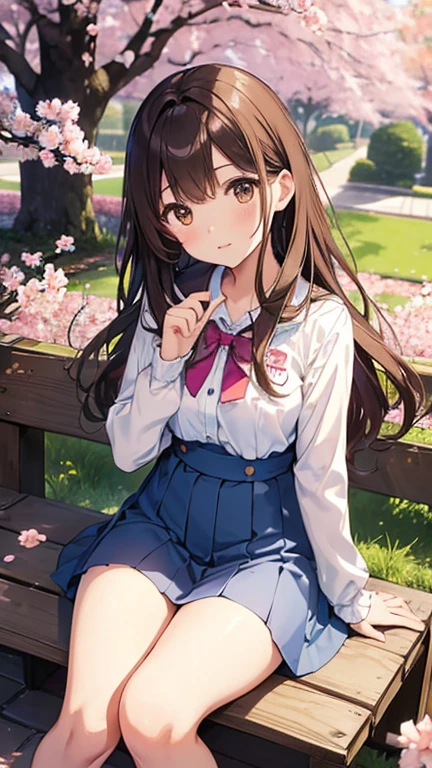 High resolution、masterpiece、Chizuru Ichinose、brown hair、I、For women、high school girl、garden、cherry blossoms、Sit on、Detailed Background、Detailed eyes、（（Brown eyes））,Beautiful and perfect legs, Clean and perfect hands