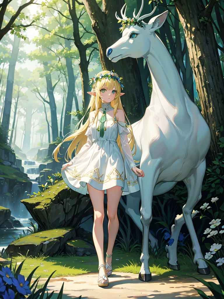 an elf girl, blonde hair, green eyes, a full body, white dress, wear a flower crown, in front of a magical giant blue deer, in the middle of a forest, 