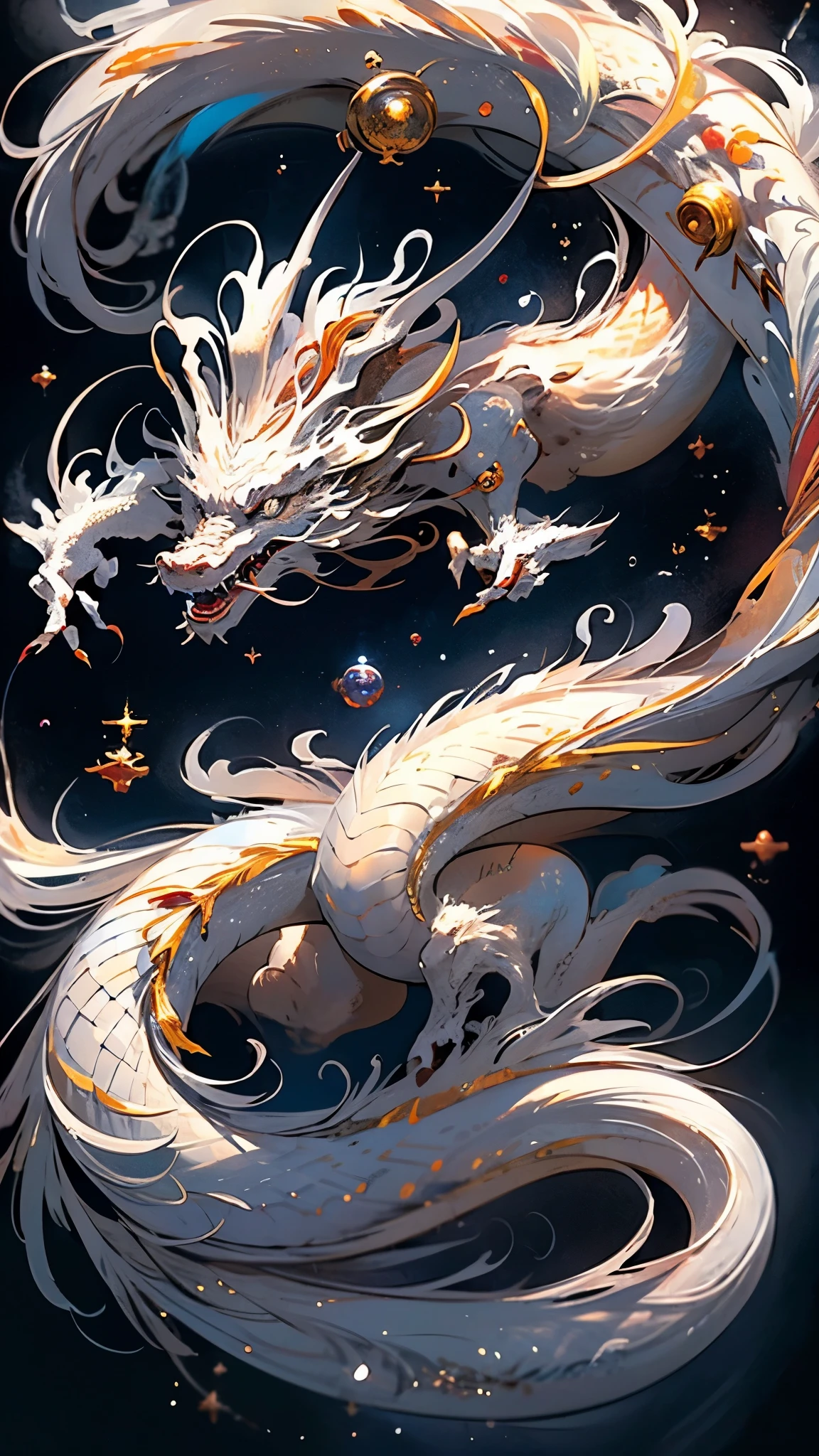 16K ultra-high definition masterpiece 、Silver White、chinese dragon、Open your mouth wide、Flying through space looking down at the Earth、Mysterious