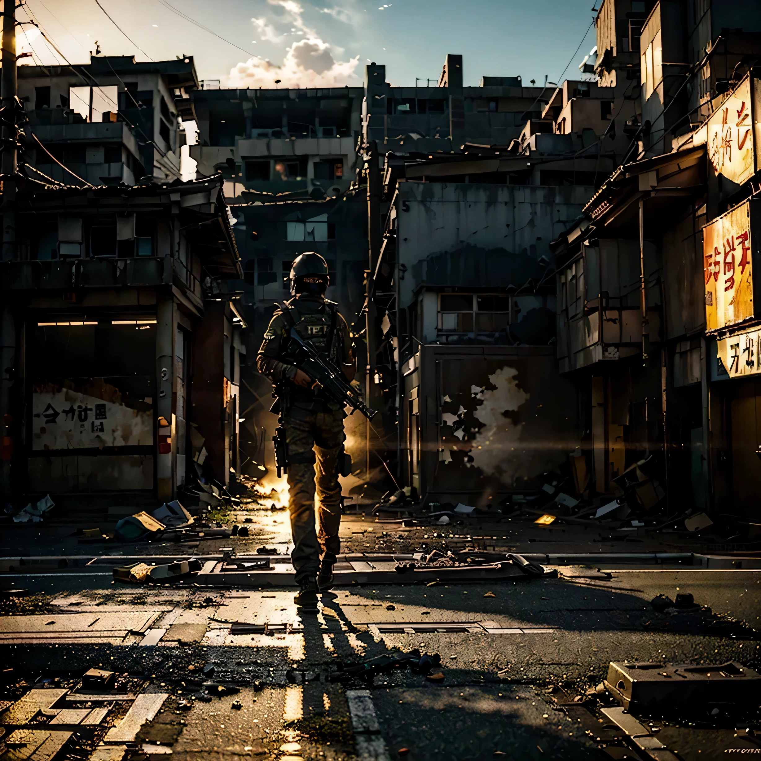 GROUND LEVEL VIEW, HYPER REALIST, A JAPANESE MILITARY, 30 YEARS OLD, with a machine gun, WEARING A MILITARY MASK, WALK POSE, SUN RISE, STANDS ON STREET OF THE POST-APOCALYPSE RUINED AND DESTROYED TOKYO CITY, HOSTILE ENVIRONMENT, IMPACTFUL VISUAL DESTRUCTION, STYLE THE LAST OF US, outdoor PHOTO, GOLDEN HOUR, CINEMATIC LIGHTING, PHOTOREALISTIC DETAILS, DYNAMIC SHADOWS ,ATMOSPHERIC EFFECTS, LIFELIKE TEXTURES, HIGH-DEFINITION, IMMERSIVE ENVIRONMENT, SUBTLE COLOR GRADING, AUTHENTIC ATMOSPHERE, DETAILED TEXTURES, GOLDEN HOUR, FANTASY, UNREAL ENGINE 5, ray tracing, award winning photo, MASTERPIECE photograpy, trending on artstation, HDR, UHD, 8K, BY NAUGHTY DOG