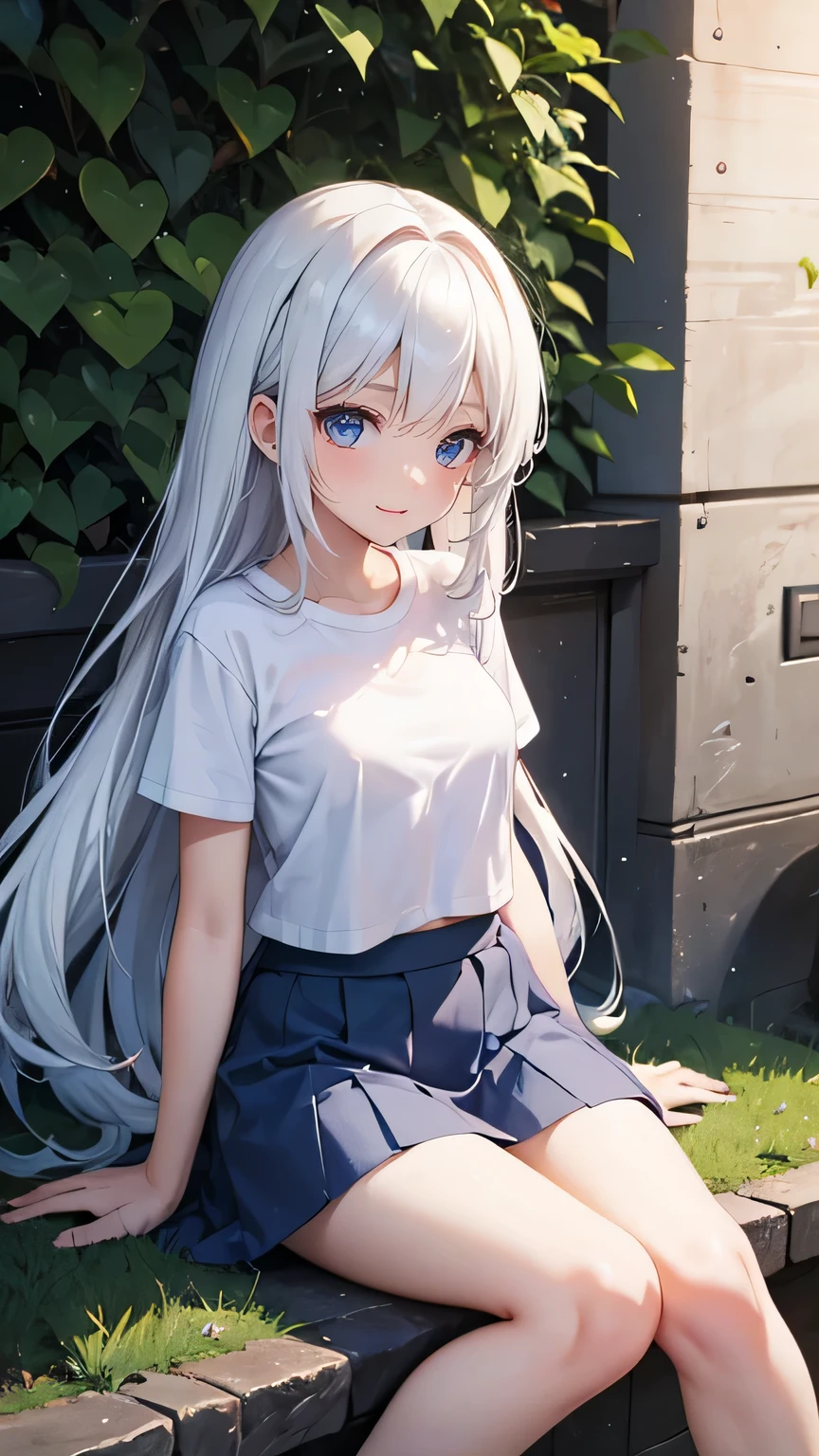 Very cute girl、(11 years old)、white hair、Long Straight Hair、Bangs are too close to the eye、Red light pupil、(Normal human ear)、Thin arms、Beautiful body、Slim legs、large, well-shaped breasts,、clear white skin、smile、(Open-chested T-shirt、mini skirt、White and blue)、I know the shape of the nipples、(rose garden)、Ultra HD、Digital SLR，Sit on、