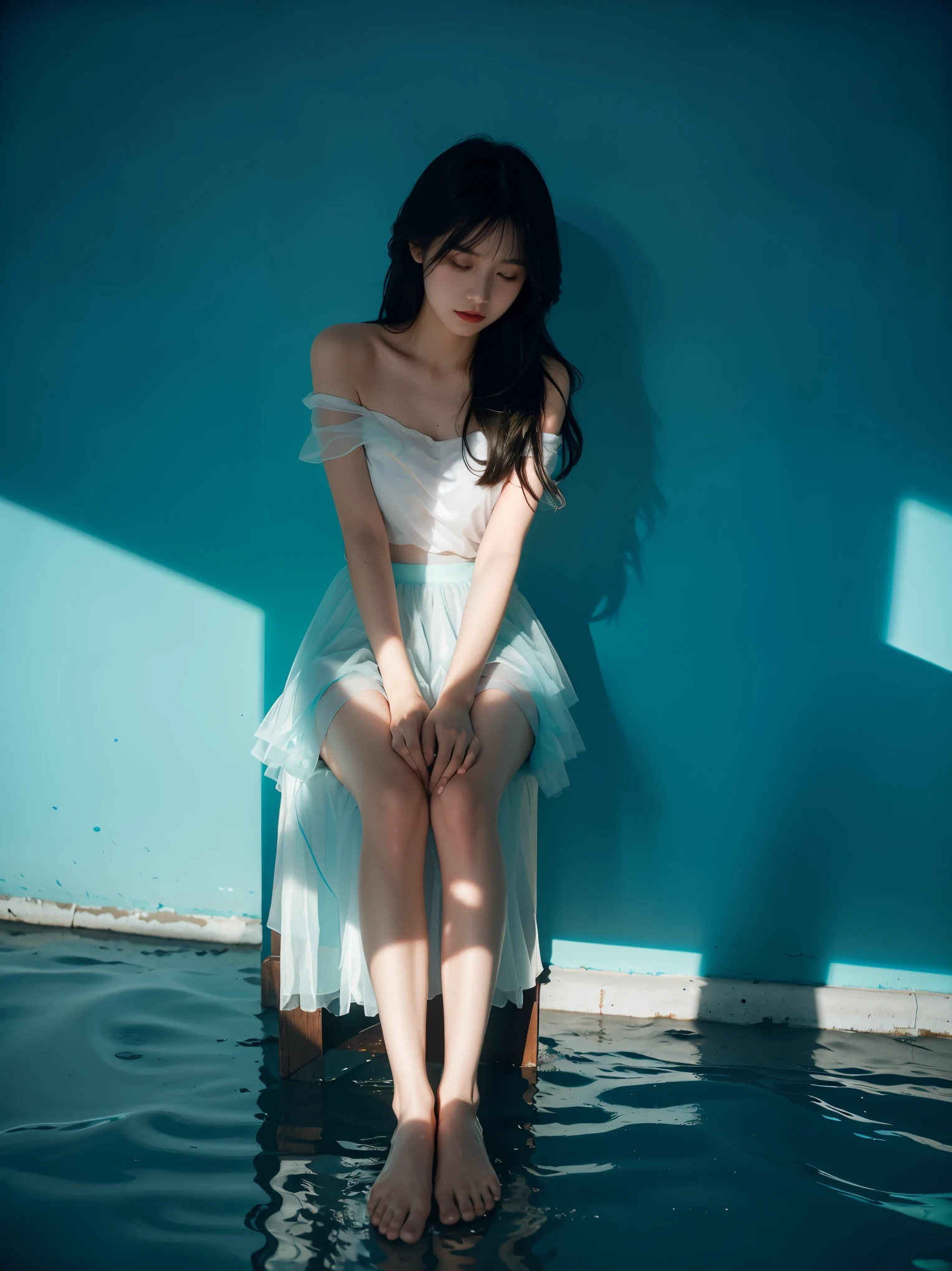 environmental optics,color,Clear light and dark,Sunlight,The light path is visible,girl,Long hair,Light and Shadow,Face shadows,High contrast,Cool colors,Off-shoulder,Bare legs,No backrest,petal,Ocean,tulle skirt,soft water(Low calcium carbonate content,Ocean level,reflective,Romantic