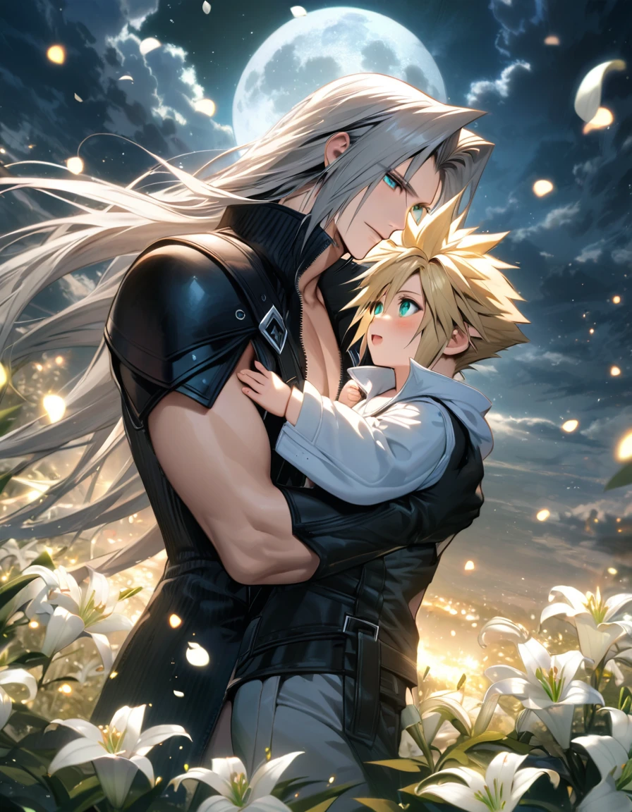 absurdres, highres, ultra detailed, HDR, master piece, best quality, Cloud Strife, blond hair, expressive blue eyes, final fantasy advent children, Sephiroth, long grey hair, expressive green eyes, 2men together, holding a baby, handsome, petals, white lilies, moon, fireflies