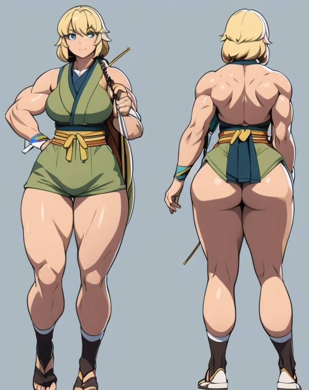 Anime woman, slightly muscular, big breasts, front and back, big ass, small waist, thick thighs, wide hips, curvy, 3d rendering, japanese archery outfit, blonde hair