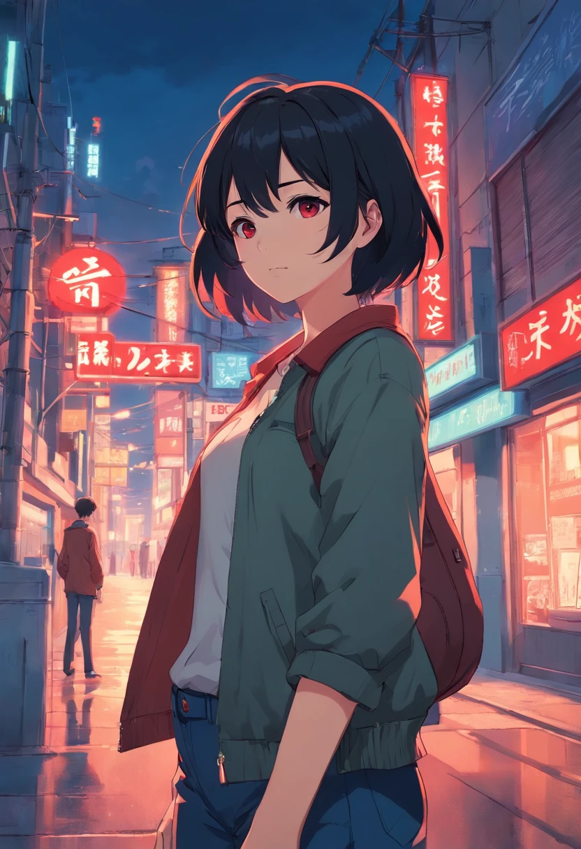 Short black hair、Eye color red、I&#39;m trying to put a gun to my head、night