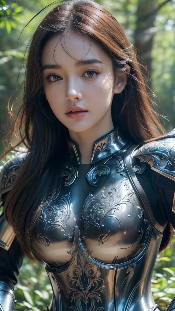 ((Realistic lighting, top quality, 8K, Masterpiece: 1.3, detailed face)), Clear Focus: 1.2, complex 3d render ultra detailed beautiful girl, a sserafimsakura, perfect eyes, beautiful face, (ultra realistic:1.5), (standing in forest:1.2), (close-up photo:1.5), ((black paladin engraved armor:1.2)), (intricate:1.2), (looking at camera:1.2), (best quality:1.2),