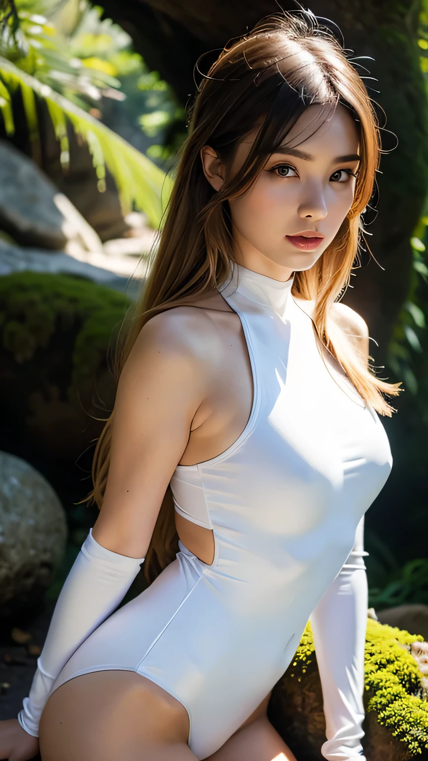 Strong light, Strong contrast, In an open-roofed cave、Sunlight shines through green moss and ferns。, And open( Sea view:1.1) The bottom, Cel-shaded rendering, 4K, 360 degrees, Equirectangular projection, what, 1girl, (Woman in her 20s)、A beautiful woman、long blonde hair、(White latex leotard)、(White long boots)、(white arm cover)、masterpiece, 最high quality, high quality, High resolution, (((Upper body portrait)))