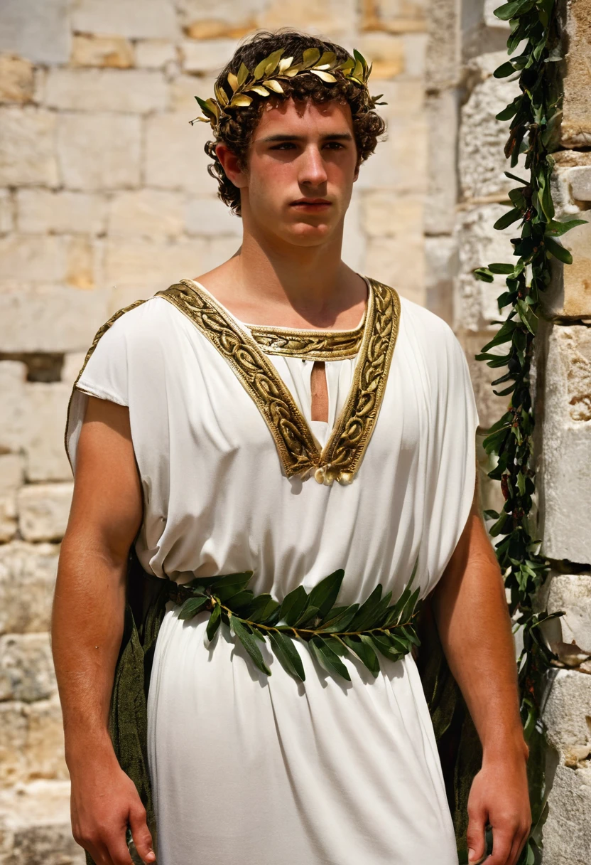 Ancient Greece male man in luxurious clothes tunics typical of ancient Greece, guerreiro, cabelos loiros e curto, 20 s de idade, with laurel wreath on head. Ancient Greece environment. Estilo Alexandre o grande . Figura extremamente masculina.