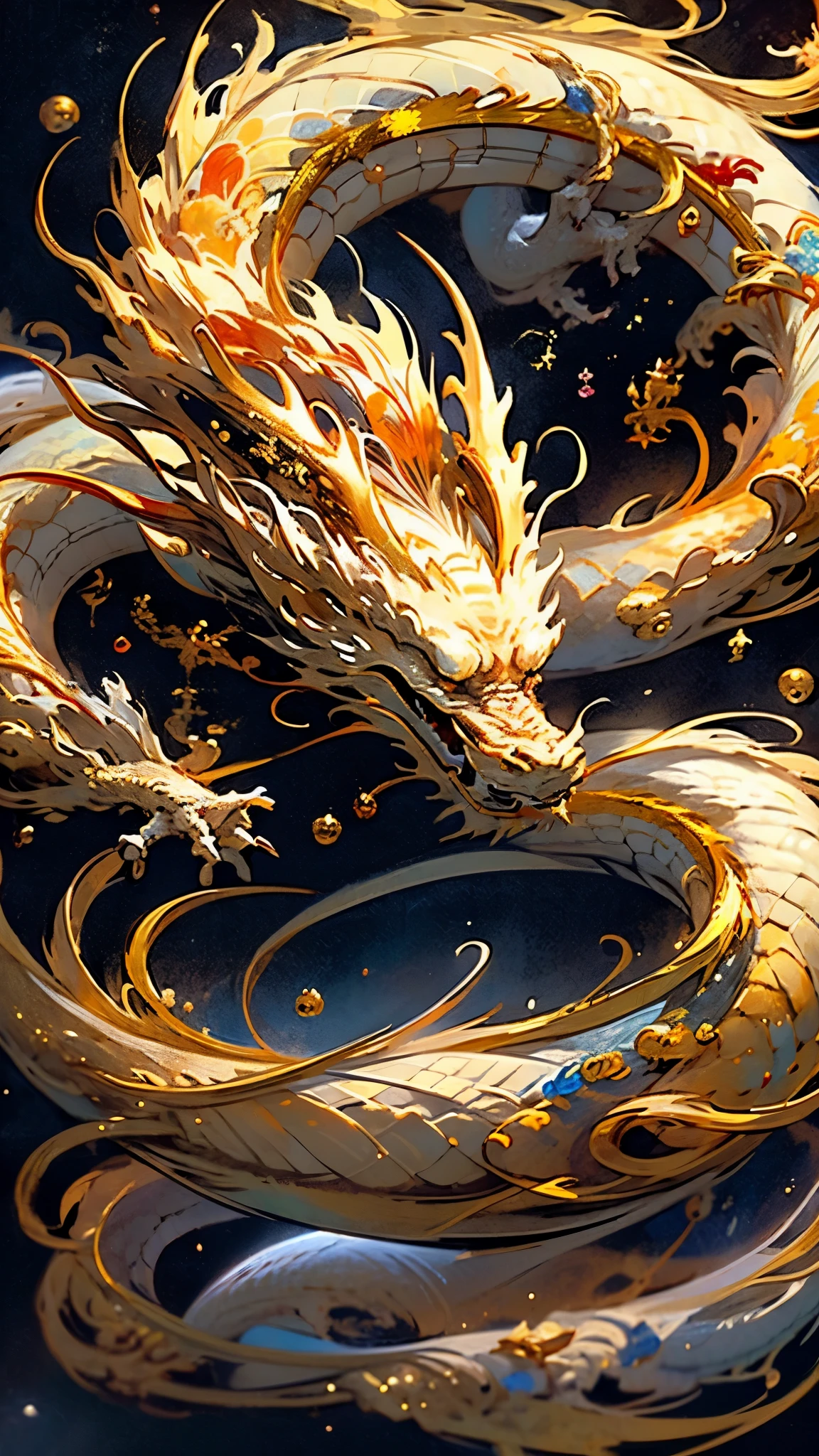 16K ultra-high definition masterpiece 、Gold White、chinese dragon、Open your mouth wide、Flying through space looking down at the Earth、Mysterious、Economic fortune