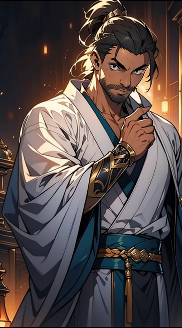 quadratic element,style of anime,mtu(Male Warrior with mustache and beard),The proportions are correct,Face details,swordsmen, mullet hairstyle,Neck details,There is an Adam's apple,White robe,kaftan,long white robe,clothes details,Handing over,longer sleeves,Game quality,Swordsmanship,Light and shadow tracking,Ray traching,detailed glow,cg render,hair detail,green colored eyes,Handsome,Handsome,(juvenile sense),Clothing is complicated,Perfectcomposition,Refinement,high qulity,higher details,Lots of details,The background is complex,a sense of atmosphere,