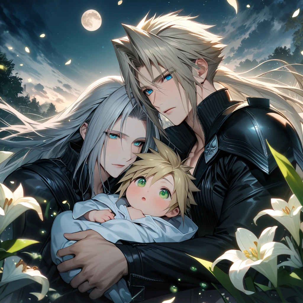 absurdres, highres, ultra detailed, HDR, master piece, best quality, Cloud Strife, blond hair, expressive blue eyes, final fantasy advent children, Sephiroth, long grey hair, expressive green eyes, 2men together, holding a baby, handsome, petals, white lilies, moon, fireflies