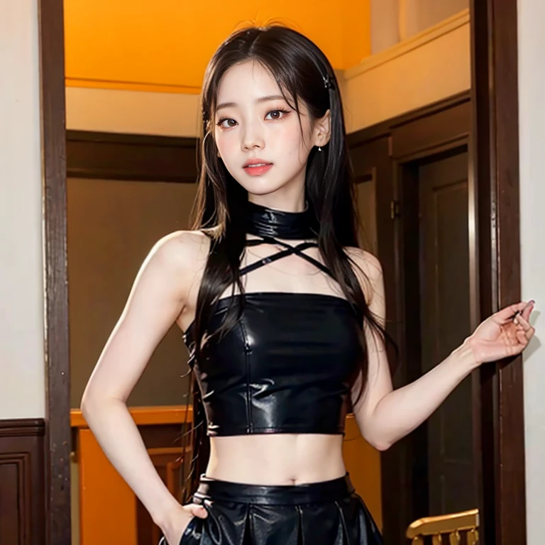 Dahyun wears a black top and a black latex skirt and takes a photo in front of the mirror., tiene cabello naranja muy muy largo e intenso, small waist, mujer hermosa, mujer perfecta, cabello naranja intenso, cabello naranja tiene jennie, rosa negro