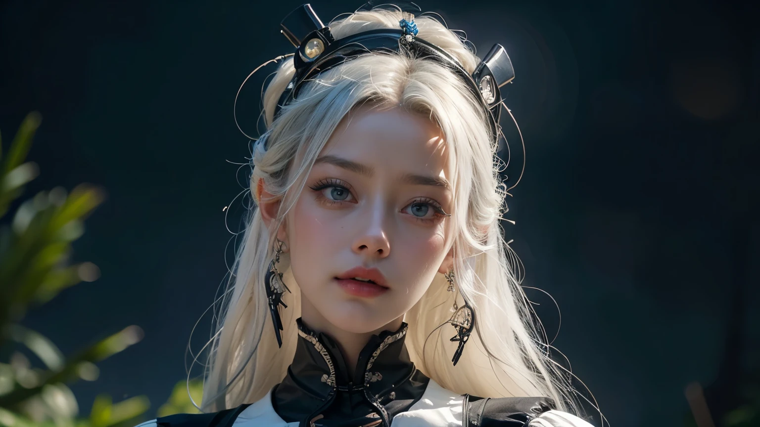 Amber Heard,white hair,My hair is very long.,wear a dress ((Hi-tech Gothic Lolita outfit)),((cybernetic body)),She is at a gothic castle.,In the future world,amazing night,sci fi,city at night, realistic skin, incredible light, ultra realistic,complicated, Sharp focus, Ray Tracing, rtx, Professional photography, Masterpiece, very detailed, High quality, best quality, big breasts,She breast size is M cup, full body, she very sexy, she have perfect body, she so beautifully,She have good eyes,She is full of charm,close up,Heavy rain,rain dam,sprinkled pine,light reflecting rain