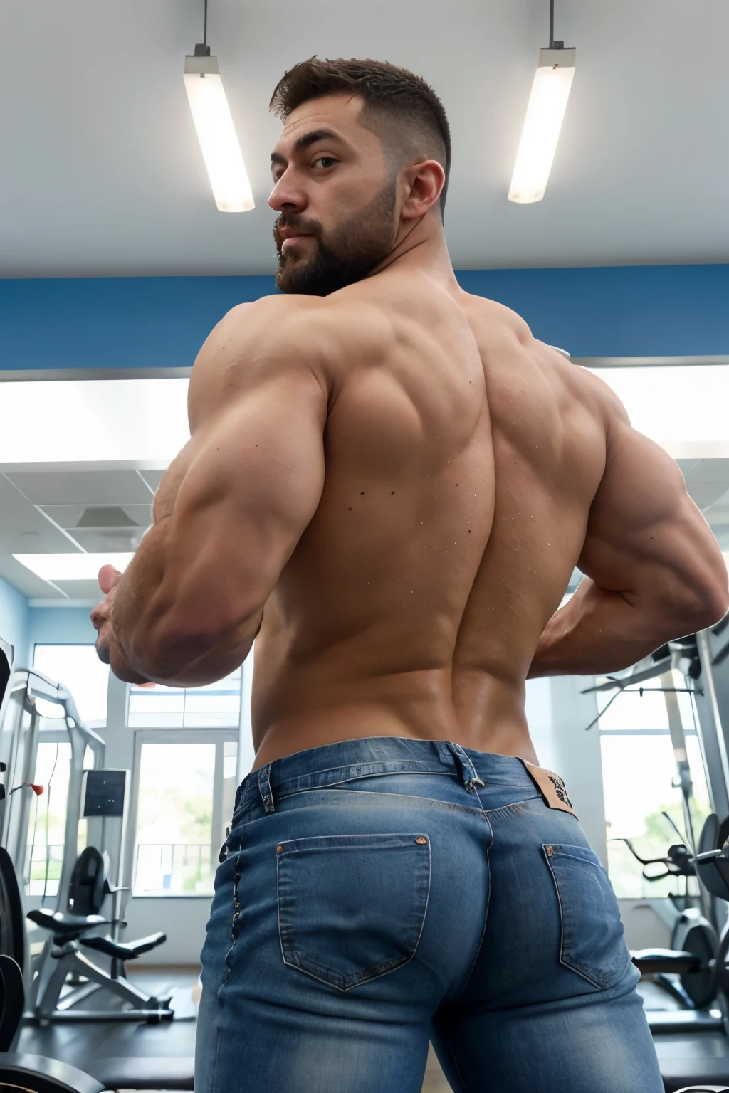 Onur Tuna, shirtless, big muscles, empinado, muy nalgon, hombros anchos, large pectorales, big biceps, un gym,  cuerpo completo, Barbas de chivo, ultra realistic, Big Bubble butt, blue white jeans backside  Bent over picking up something backside 