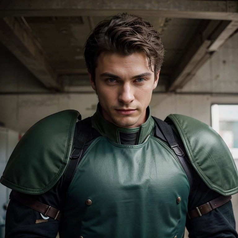 masterpiece, young 25 year old guy, cute with dark hair, Very short haircut. Epicly dressed. Green unrolled jacket with dark gray shoulder pads. Shoulders black. Fighting style. Dark gray armor on shoulders. Cool jacket, durable. Blue eyes. charisma, perfect face. Clean shaved face. Hollywood looks. Smooth, thin nose. Handsome hero. raised hair. smiling