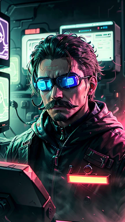 ((Best quality)), ((masterpiece)), (highly detailed: 1.3), 3D, NeonNoir, cyberpunk man with mustache, (using the head mounted display that is thick and hi-tech: 1.2), using a cover, hacking a computer terminal, PURPLE NEON MONITOR LIGHT, GREEN NEON SIGNS ON THE WALL,
