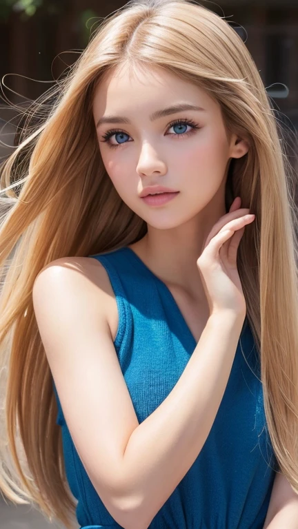 enfoque facial, loco por el amor,  14 years old , vestido de verano con volantes,  Chica escandinava rubia extremadamente hermosa,  Absolutamente hermoso, beautiful shiny super long hair, liso, rubio y sedoso、flequillo rubio encima de los ojos、pelo rubio encima de un ojo、rubia entre los ojos、Hay un escote en el pecho., arm behind head,   Bajo contraste, (shy and bright look:0.8), coletero para el cabello,  mejor calidad, Ultra high resolution, foto realista, super detailed, 8k, foto cruda, perfect ???????、muy hermoso, brillante, Ojos grandes de color azul claro muy brillantes.、ojos muy grandes、small face beauty