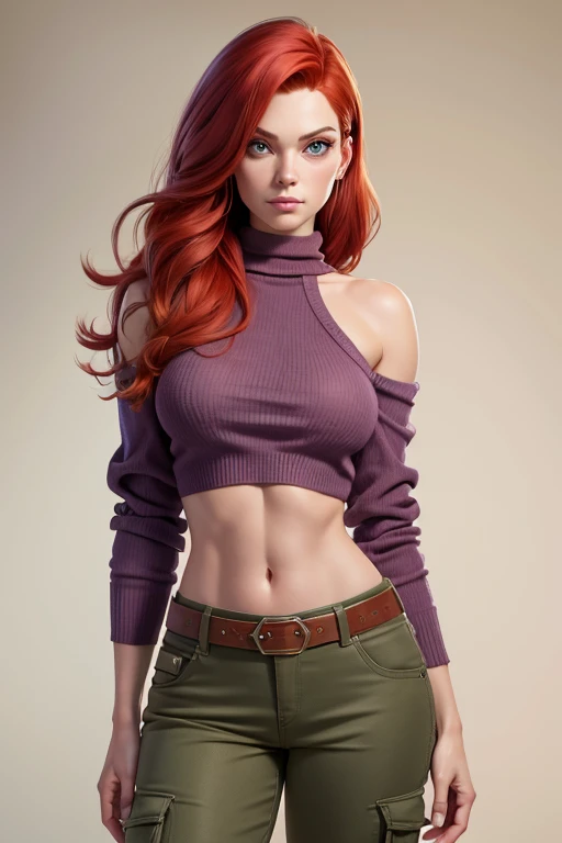 jean grey with a red hair, big green eyes, medium breasts, belt, cotton a purple low-cut sweater is pushed over her shoulders, with a green bra peeking out from underneath!, low-rise beige cargo pants, covered navel, cropped legs, cotton, front view!, white background, realistic colors, front view, light coming from the right, 8K image quality, Masterpiece