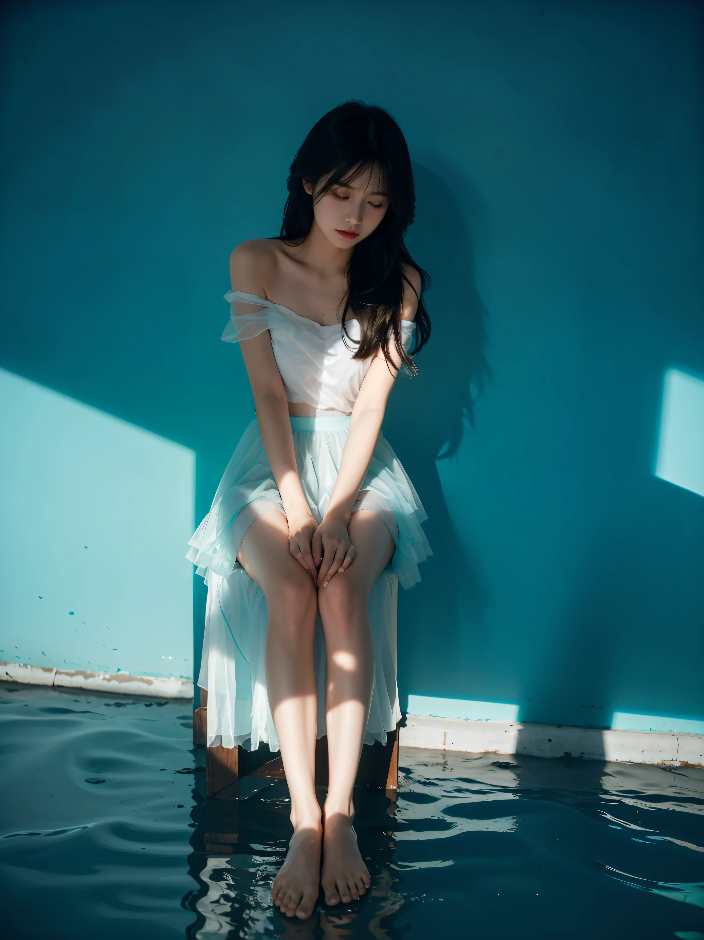 environmental optics,color,Clear light and dark,Sunlight,The light path is visible,girl,Long hair,Light and Shadow,Face shadows,High contrast,Cool colors,Off-shoulder,Bare legs,No backrest,petal,Ocean,tulle skirt,soft water(Low calcium carbonate content,Ocean level,reflective,Romantic