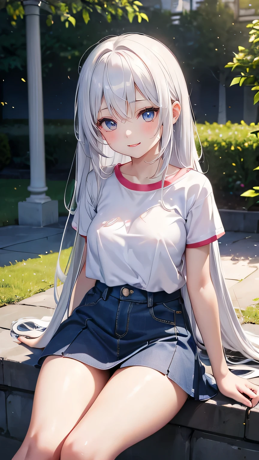 Very cute girl、()、white hair、Long Straight Hair、Bangs are too close to the eye、Red light pupil、(Normal human ear)、Thin arms、Beautiful body、Slim legs、large, well-shaped breasts,、clear white skin、smile、(Open-chested T-shirt、mini skirt、White and blue)、I know the shape of the nipples、(rose garden)、Ultra HD、Digital SLR，Sit on、