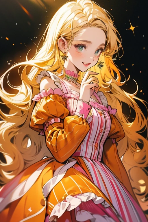 She is wearing a green long-sleeved dress with orange stripes on the sleeves and bottom of the dress, It has an orange frilly collar.. She also has blonde curly hair, eyelash, Pink lipstick. Shine; glitter
